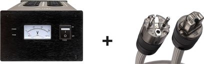 Strømrenser Taga Harmony PC-5000 sort med STPC-TS kabel (1,5m), frontvisning med voltmeter, afbryder og stikforbindelser