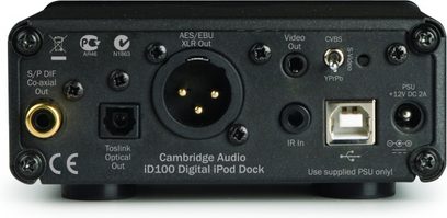 Cambridge Audio ID100 sort lydstation, set forfra, med AES/EBU XLR-, koaksial-, optisk-, IR-, USB- og højttalertilslutninger
