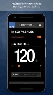 Skærmbillede af mobilapp, der viser indstillinger for en SVS Subwoofer 1 baskabin med lavpasfilter ved 120 Hz og 12 dB hældning