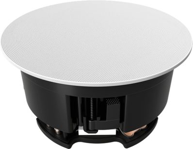 Hvid Sonos In Ceiling indbygningshøjttaler til loft, set forfra, rund perforeret gitter, sort kant
