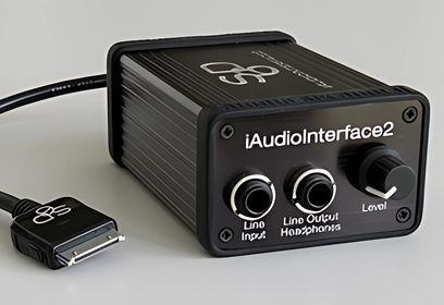 Studio Six Digitals lydgrænseflade iAudioInterface2, kompakt sort kabinet med jackstik og drejeknap