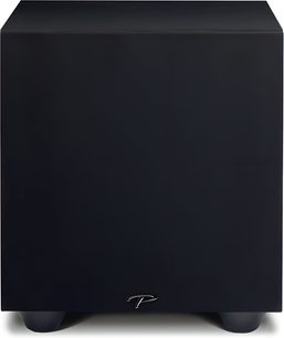 Subwoofer Paradigm Defiance V8 nero satinato, vista frontale, forma cubica, finitura nera opaca, logo argentato
