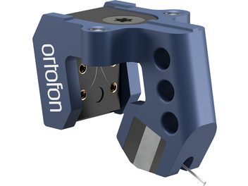 Ortofon MC 90X yüksek kaliteli plak çalar hücresi, mavi metal gövde, 4 altın kaplı konektör, siyah yüzey ve gümüş renkli uç