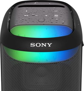 Bærbar Bluetooth-højttaler Sony SRS-XV500 set forfra, sort overflade med vanddråber, flerfarvet lysring