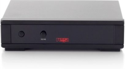 Toca-discos hi-fi Rega Planar 8 preto com célula Nd7, vista frontal, caixa retangular, 2 botões, logotipo vermelho