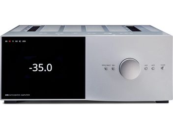 Anthem STR silver integrated stereo hi-fi amplifier, front view, display showing "-35.0", rotary knob on the right