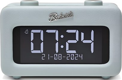 Radioveækker Roberts Revival Rest, rektangulært kabinet i himmelblå kornlæderimitation, stort digitalt sort display med hvide tal, to cylindriske knapper på toppen, set forfra