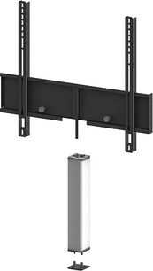 Wall-mounted TV stand Sonorous STADPSLV5060 in silver with two vertical uprights and two shelves, front view on white background
