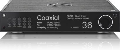 Convertor audio DAC Rose RD160 negru, vedere frontală, butoane circulare, ecran afișând "Coaxial", volum 36, picioare rotunde