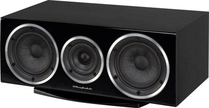 Wharfedale Diamond 220C sort centerkanal, 3 runde højttalere på den blanke sorte frontpanel, set forfra