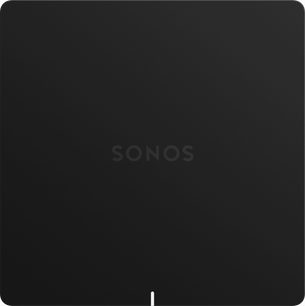 Schwarzes, quadratisches Gehäuse mit weißem "SONOS"-Logo in der Mitte auf einfarbigem schwarzem Hintergrund