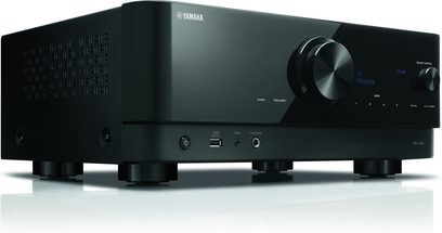 Yamaha RX-V4A sort hjemmebiografsforstærker, frontvisning, facade med knapper, drejeknapper, skærm, USB- og phono-porte