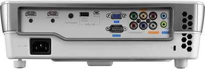 Benq W1070+ grauer Videoprojektor, Rückansicht, HDMI-, VGA-, USB-, RS-232-, Audio-, Komponenten- und 12V-Triggeranschlüsse