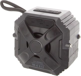 Yourban Getone 15 gri Bluetooth hoparlör, küp şeklinde, üç çeyrek görünüm, üstteki düğmeler, solda askı kayışı