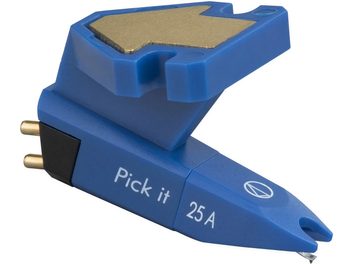 Pro-Ject Pick it 25 A blå vinylcellpickup, ovanifrån och från sidan, triangulär form, diamantspets