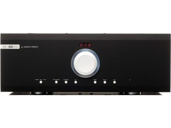 Musical Fidelity M6si500 sort stereo hi-fi integreret forstærker med sølvfarvet cirkulær centerknap, rød skærm og 9 hvide knapper