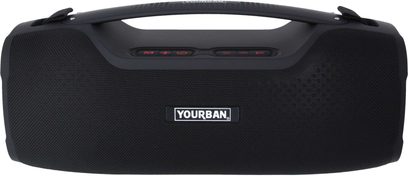 Bluetooth-højttaler Yourban Getone 70 sort, set forfra, sort gitter, centreret logo, røde knapper på toppen, integreret håndtag