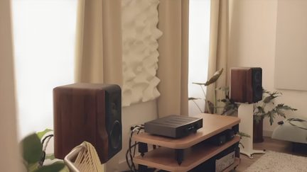 Two wooden speakers on white stands, a cabinet with electronic devices, plants, and beige curtains