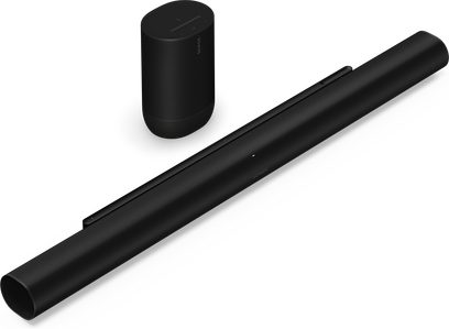 Soundbar ARC Ultra a reproduktor Move 2 v matné černé barvě, pohled shora, válcový tvar, hladký povrch, viditelné logo