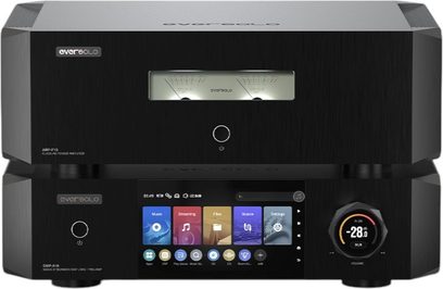 EverSolo AMP-F10 und DMP-A10 Hi-Fi-Verstärker, Vorderansicht, schwarzes Gehäuse, Touchscreen, runde Knöpfe