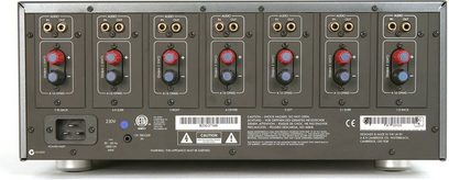 Arcam FMJ-P7 effektforstærker, frontpanel, 7 røde drejeknopper, 7 røde indikatorlys, stik og påskrifter