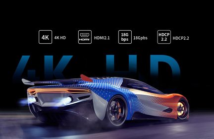 Reklamebillede HDMI 2.1 4K Ultra HD-kabel 18 Gbps, futuristisk blå-orange sportsvogn på sort baggrund