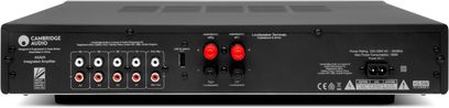 Cambridge Audio AX-A25 silver stereo hi-fi amplifier, front view, with buttons, inputs, and red LED lights