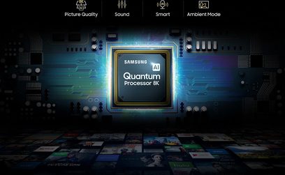 Samsung QE65Q900R-tv, 8K Quantum-processor, set forfra, tændt skærm der viser "AI"-logoet, apps i baggrunden