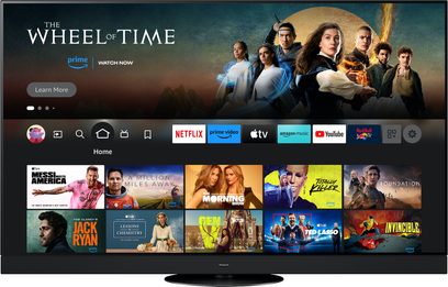 Panasonic TV-65Z90AEG højdefinitionsfjernsyn, skærm der viser miniaturer af streamingtjenester og serier