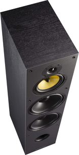 Davis Acoustics Dhavani sort gulvhøjttaler, set forfra i nærbillede, med 3 højttalere og en forgyldt diskant