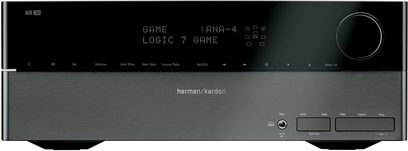 Harman Kardon AVR-260 home theater receiver, front view, LED display, control buttons and knobs, black finish