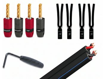 Kit cavo audio AudioQuest con spine a banana rosse e nere forcelle nere chiave Allen e cavo nero tagliato vista dettagliata