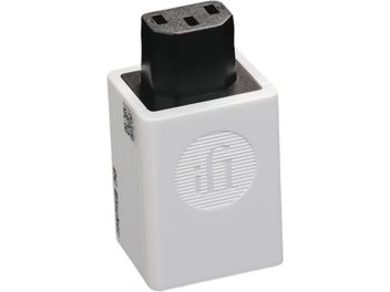 iFi Audio DC Blocker+ mains conditioner in white plastic, rectangular housing shown in a three-quarter perspective with a black IEC connector on top and a circular embossed logo on the front panel