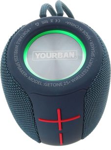 Yourban Getone 25 blå, set forfra, oval form, tekstureret stof, røde knapper i kryds, grøn lysring