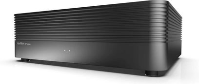 Condizionatore di rete IsoTek V5 SIGMAS nero, chassis rettangolare orizzontale, superficie scanalata, 2 indicatori luminosi blu, piedini circolari