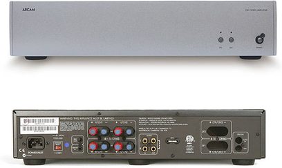 Arcam DIVA-P90 sølvfarvet effektforstærker, set forfra og bagfra, med tilslutninger og kontroller