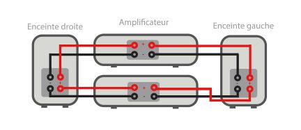 Schema di un amplificatore audio con due diffusori, che mostra i collegamenti elettrici positivi e negativi in rosso