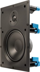 Wandmontierbarer Einbaulautsprecher H65-IW v2, Perspektivansicht, schwarze Frontplatte, zentraler Hochtöner, runder Lautsprecher, blaue Befestigungen