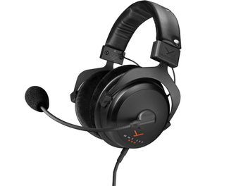 Herní sluchátka s mikrofonem Beyerdynamic MMX 300 PRO, boční pohled, černé polstrování, polstrovaný oblouk, flexibilní mikrofon