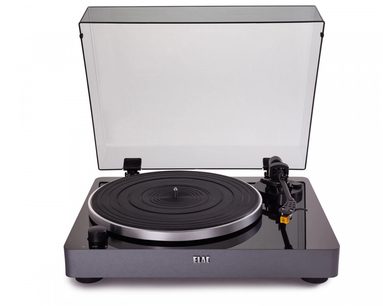 Elac Miracord 50 sort pladespiller, set forfra, aluminiumplade, tonearm med pickup, gennemsigtig plastikdæksel løftet op