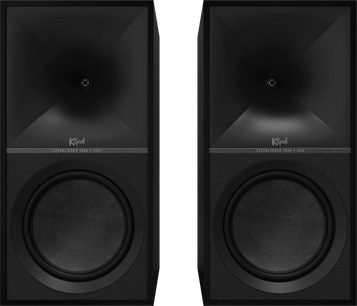 Dvě reproduktory Klipsch The Nines v černé barvě, pohled zepředu, vertikální obdélníkový tvar, centrální černý kruhový reproduktor