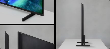 Sort Samsung-fladskærms-tv med tynde kanter, central fod og ultratynd profil set fra siden