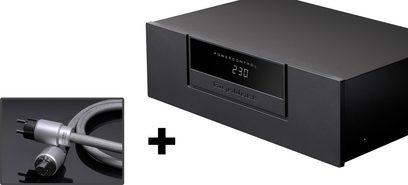Condizionatore di rete GigaWatt PowerControl nero, display blu, cavo PowerSync Ultra grigio collegato