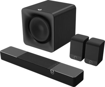 Bară de sunet Klipsch Flexus Core 100 neagră cu subwoofer Sub 100 cubic și două boxe Surr 100 compacte