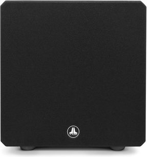 JL Audio E-Sub e110 parlak siyah kübik subwoofer, ön ve yan yüzeyler görünür, ortada beyaz logo