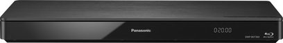Panasonic DMP-BDT360 4K Blu-ray-afspiller, mat sort rektangulært kabinet, skrå front, hvidt logo, blåt display