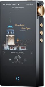 Lettore audio portatile Cayin N3 Ultra grigio antracite in metallo e vetro, vista di tre quarti anteriore, ampio schermo touch nero sul frontale, rotella zigrinata e tre pulsanti rotondi dorati sul lato destro