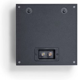 Zabudovatelný nástěnný reproduktor Canton Atelier InWall 3, zadní pohled, černý panel s průhlednou stereo svorkovnicí dole