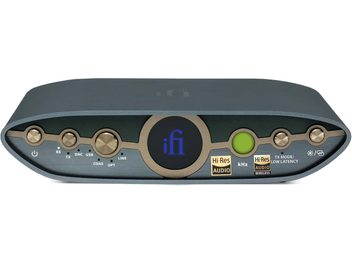 iFi Audio Zen Blue 3 Wireless Transmitter, front view, buttons and indicator lights, dark gray finish