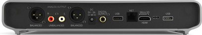 Netværkslydafspiller Primo V2, bagsidevisning, analoge og digitale lydforbindelser, USB-porte, HDMI, Ethernet, Micro SD